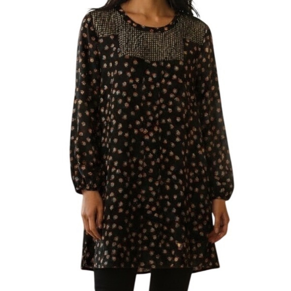 ANTHROPOLOGIE MEADOW RUE Darney Floral Crochet Trim Tab Sleeve Tunic Top Small